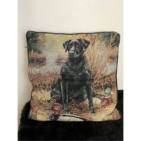 VTG Needlepoint Black Lab Labrador Dog Decorative Throw Pillow - Picture 1 of 3